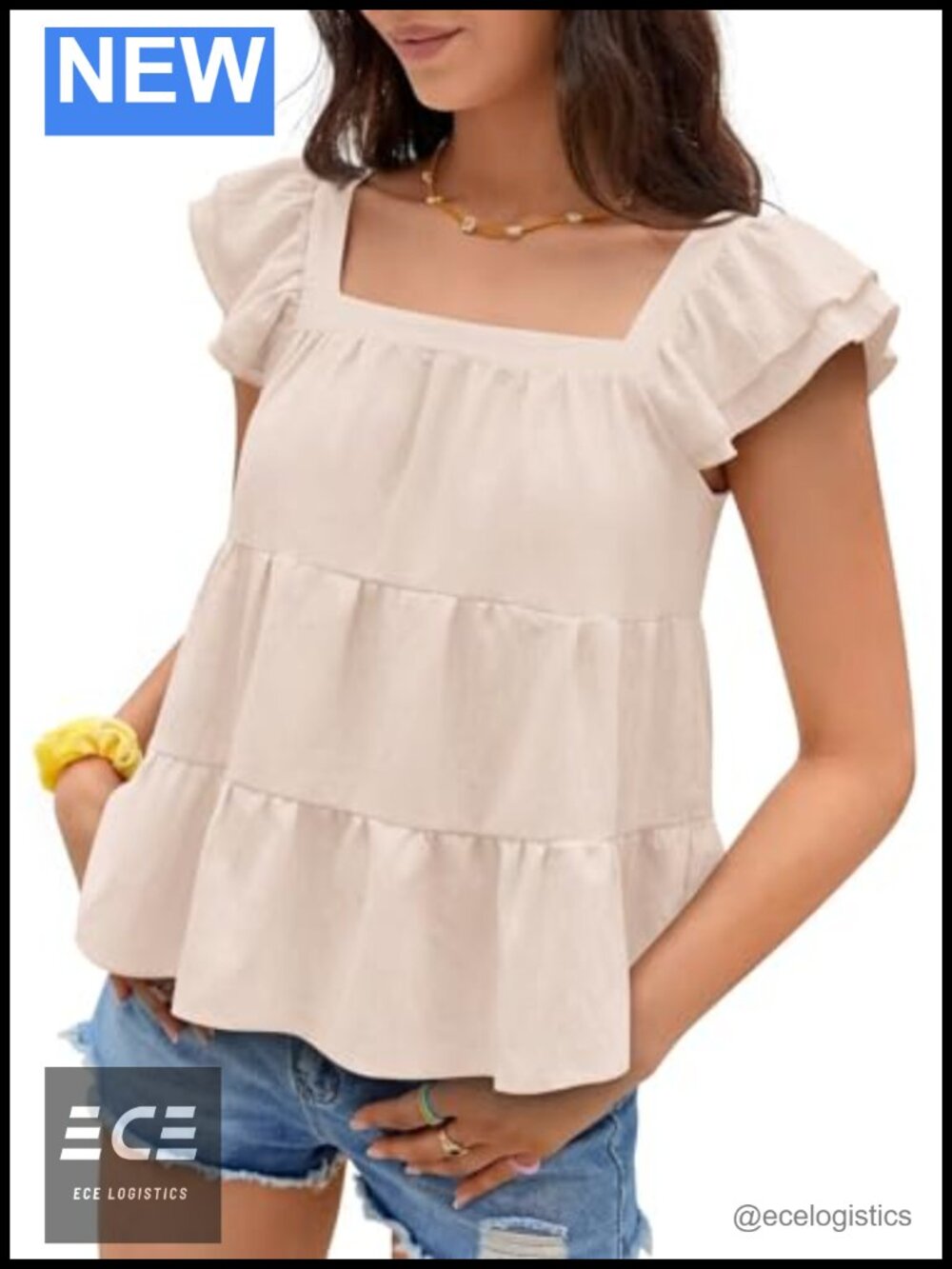 Womens Summer Ruffle Sleeve Babydoll Blouse Square Neck Flowy Peplum Pleated Top